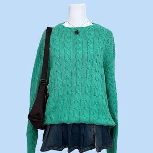 vintage 90s turquoise preppy indie grandpa chunky cotton cable knit sweater